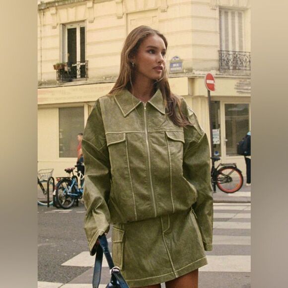 Princess Polly Tanza Faux Leather Jacket Washed Green  M/L NWOT - Picture 1 of 14